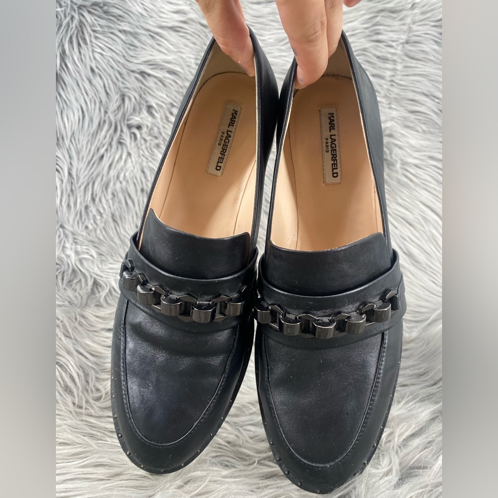 Karl Lagerfield Paris Yannkik Mini Stud Chainlink Black Leather Loafers 8.5